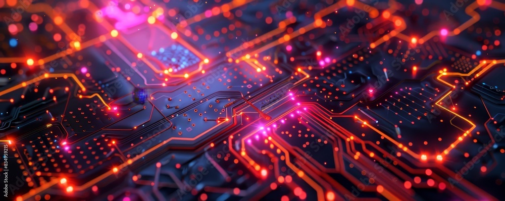 Poster a close-up view of an illuminated circuit board with glowing lights, showcasing vibrant neon colors 