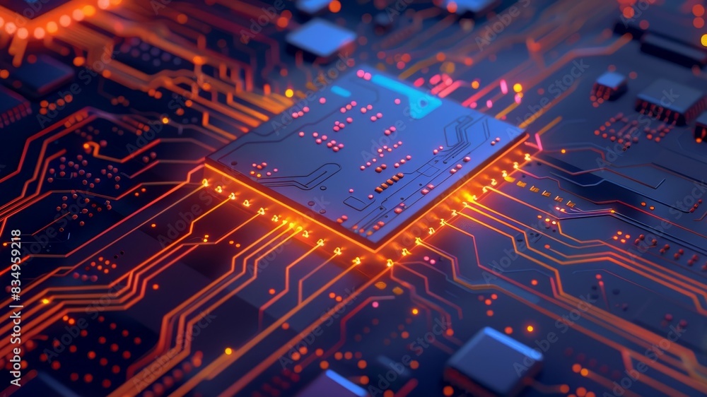 Poster a close-up view of a glowing computer motherboard with a central microchip, showcasing intricate ele