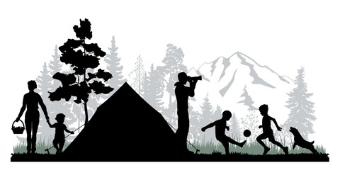 Family silhouettes on white background. Father, mother and children in a forest camp. Vector illustration