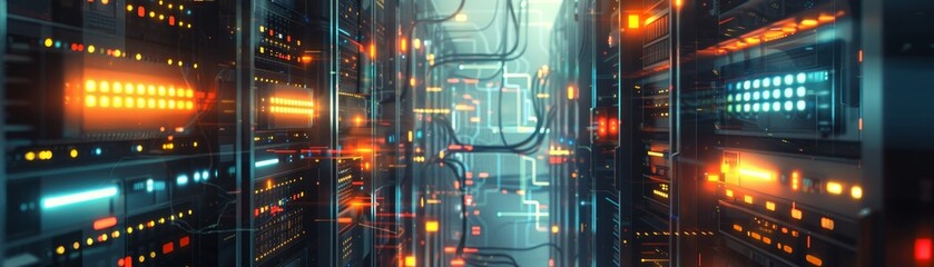 A modern data center with illuminated server racks. Vibrant lights and cables create a futuristic atmosphere in this high-tech environment.