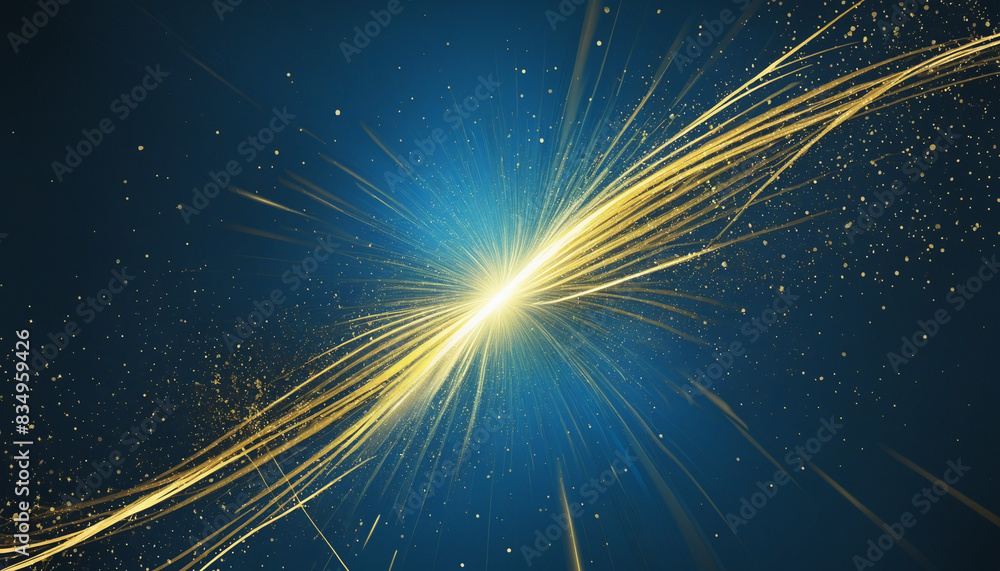 Poster golden lines and sparks swirl in a luxurious abstract blue background, created with generative ai