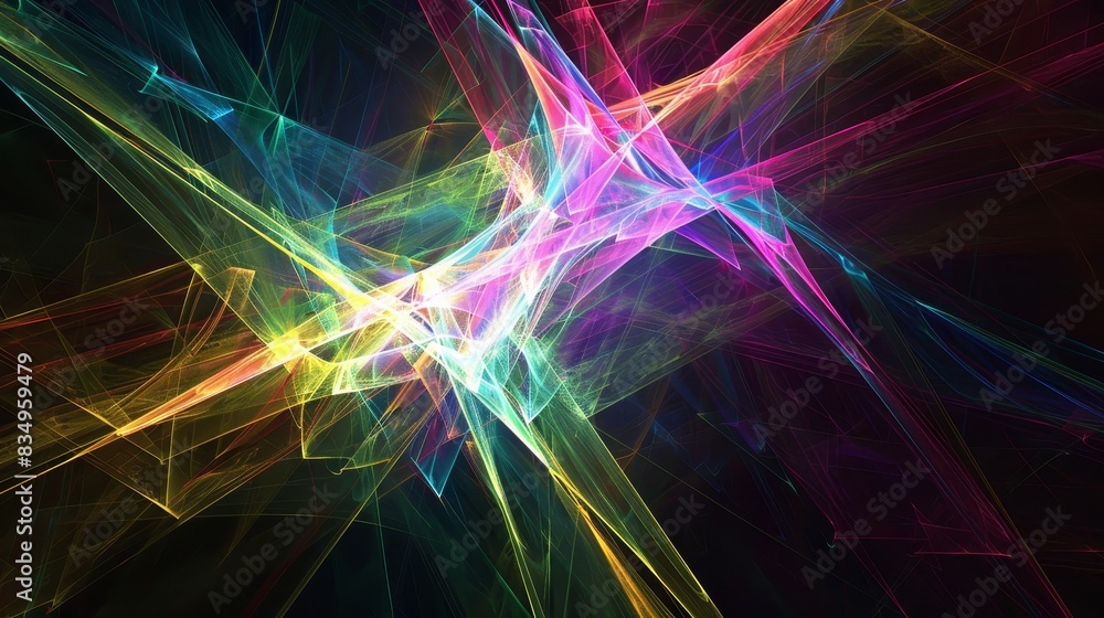 Poster abstract colorful light streaks creating a dynamic, vibrant, and chaotic pattern with a dark backgro