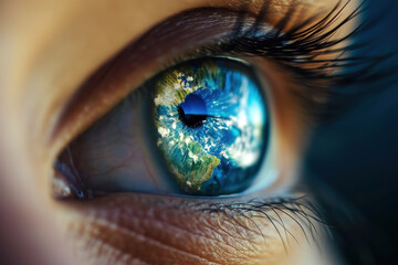 Female eye with the reflection of the globe in the iris of the eye close-up. Global consciousness, environmental awareness, and a sense of oneness with world. Macro