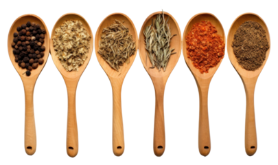 PNG  Top view of four old spoons with spices and herbs food white background arrangement.