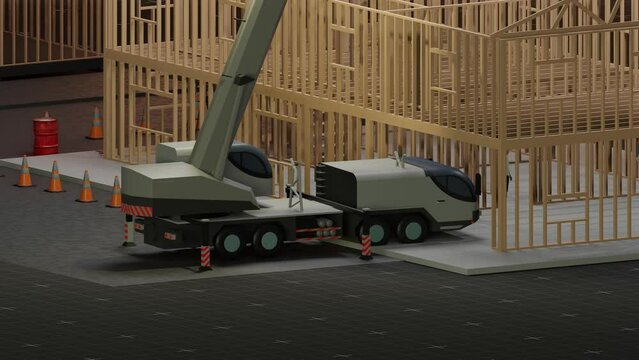 under construction house site, frame structure, with large machines, seamless looping 3D blueprint animation