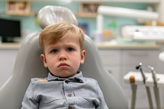 Sad whiny toddler boy sitting in a dental chair in a dentist's office. Fear of dental treatment for children