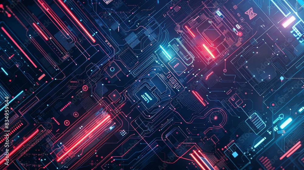 Poster abstract digital circuit background with neon lights. high-tech futuristic design concept in red and