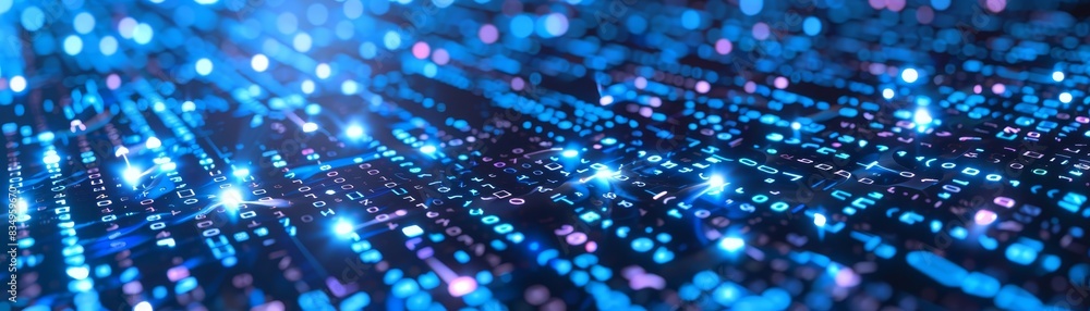 Poster abstract digital data background with glowing blue lights and hexagonal patterns, representing techn