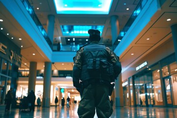 Fototapeta premium Security guard professional safety patrol man police employee mall safe business protect serve confident authority public space secure guarding agent staff shop convenience store grocery