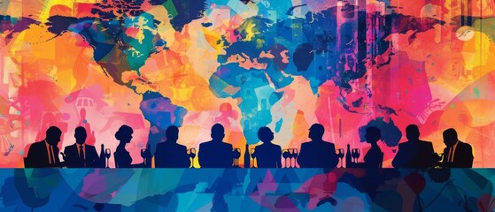 A politician attending a formal dinner with international leaders focus on diplomacy, global theme, vibrant, multilayer, banquet hall backdrop