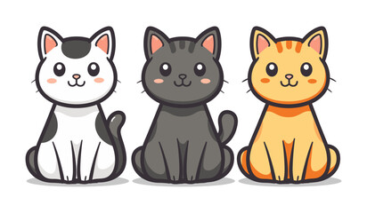 A cartoon illustration of three cats side by side: a white cat with black spots and a happy expression, a gray cat with a neutral expression, and an orange cat smiling. Flat vector illustration