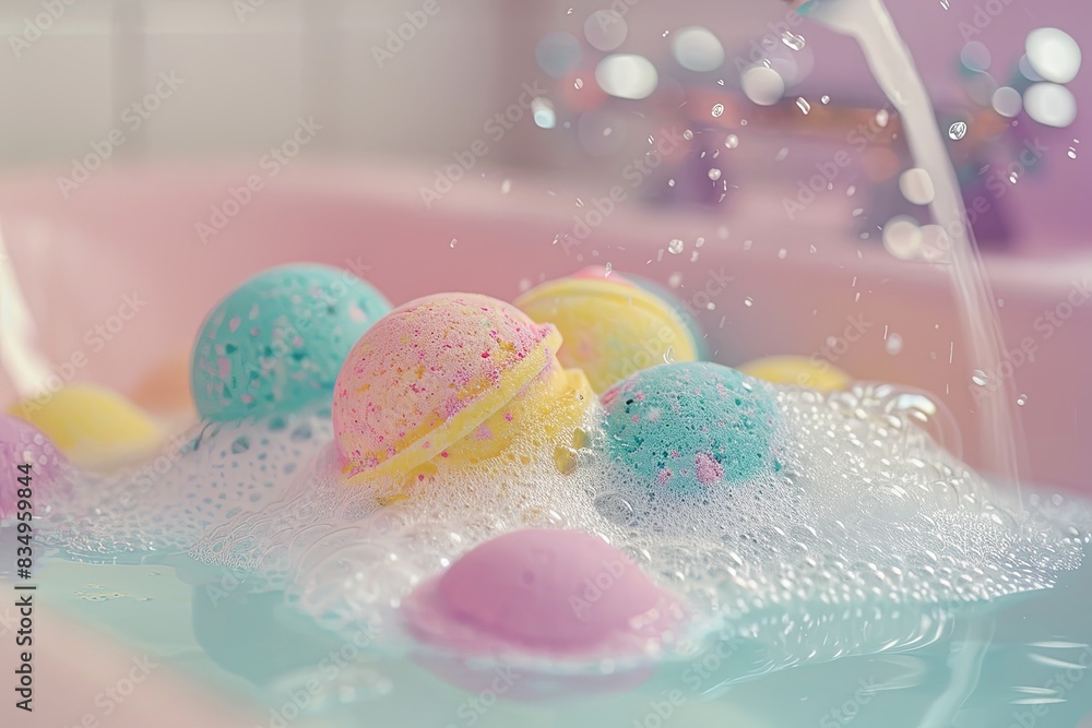 Poster bath bombs fizzing and releasing colorful foam in a tub of water. generative ai