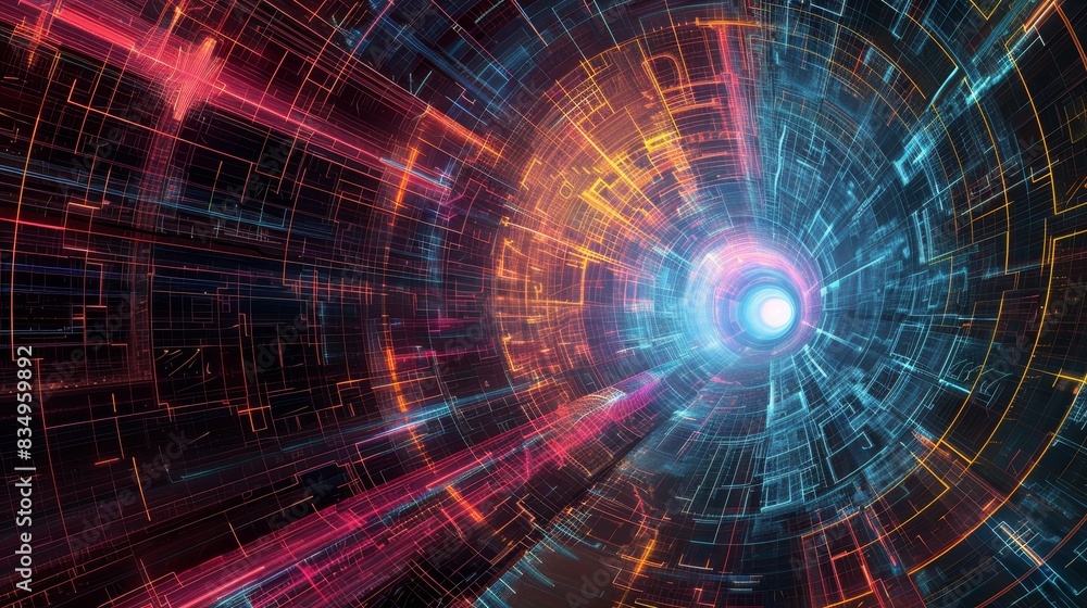 Poster abstract digital technology background featuring neon lights and geometric lines forming a tunnel. i