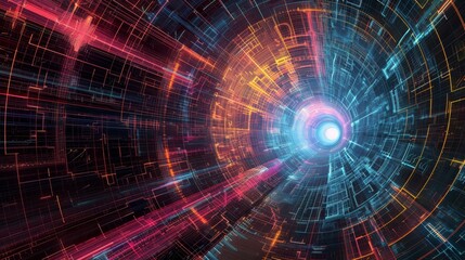 Abstract digital technology background featuring neon lights and geometric lines forming a tunnel. Ideal for tech, science, and futuristic concepts.