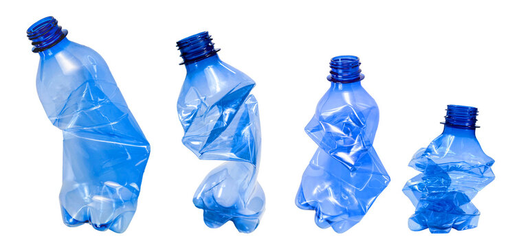 collection of various used waste crush plastic bottles on white background,  each one is shot separately isolated clipping path on white background. 