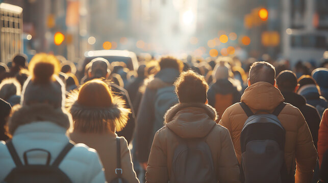 A bustling crowd of people on a city street, captured from behind in warm sunlight, symbolizing urban life. Generative AI