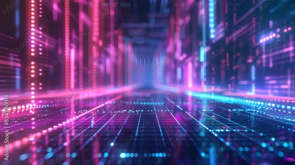 Poster abstract futuristic corridor with neon lights and cyber effect. digital data visualization in vibran