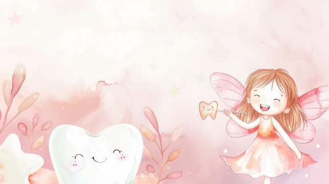 Cute Little Tooth Fairy with First Baby Tooth and Wand on pink background, watercolor Illustration. Happy Tooth Fairy day card. Concept of dental treatment and oral hygiene. cartoon fairy, copy space
