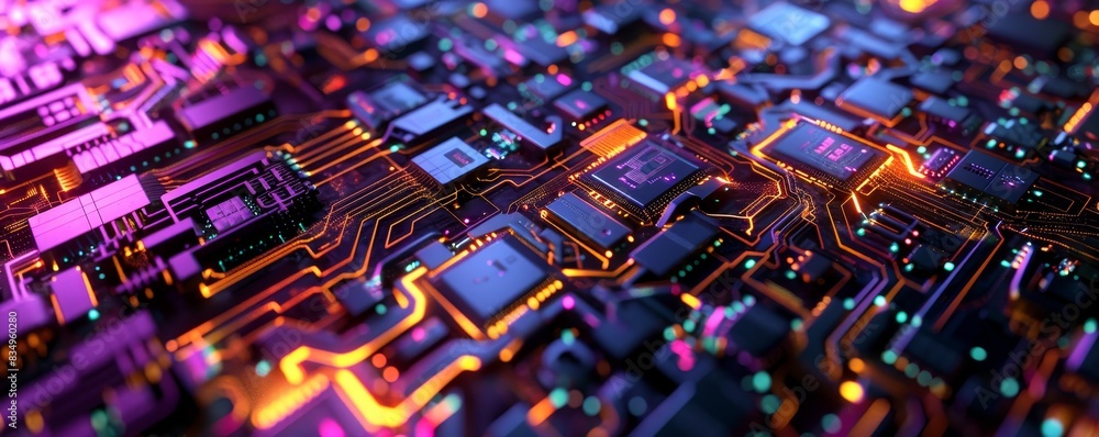 Poster close-up of a circuit board with glowing neon lights, showcasing modern technology and complexity in