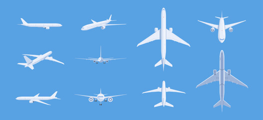 Airplanes in different angles. Passenger and cargo air transport.