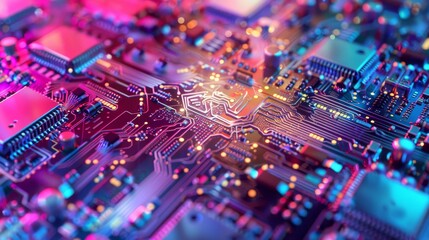 Bright and colorful macro shot of a futuristic electronic circuit board, showcasing intricate details and modern technology innovation.