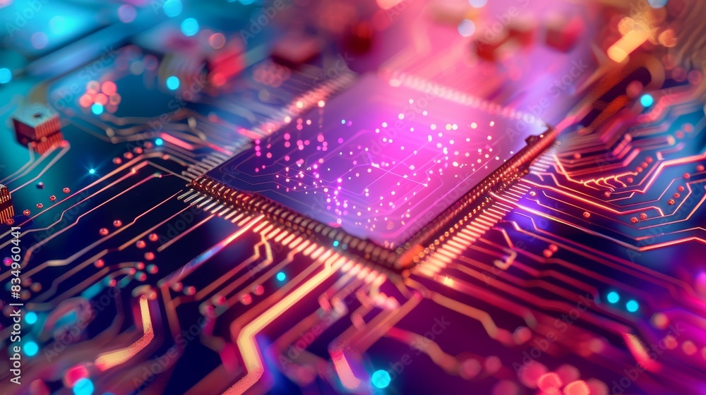 Poster close-up of a glowing computer chip on a vibrant circuit board, showcasing electronic components and