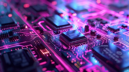 Close-up of a glowing electronic circuit board with vibrant colors, showcasing advanced technology and digital components.