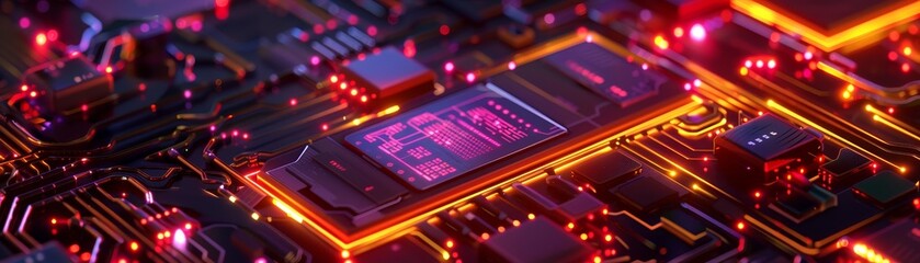 Close-up view of an illuminated computer microchip on a motherboard with vibrant lights, showcasing advanced digital technology.