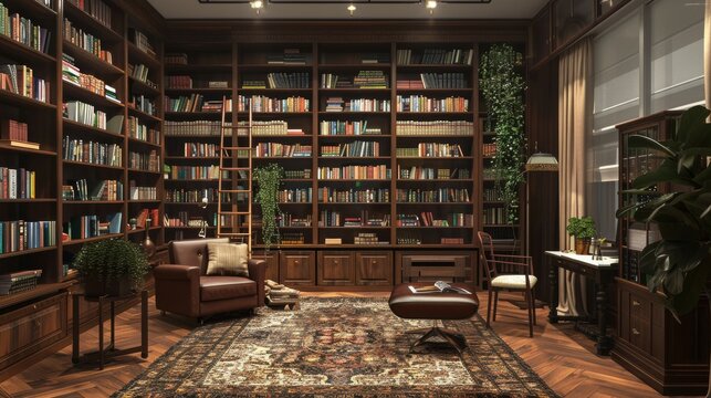 A cozy library with a large collection of books, a comfortable reading chair, and a soft rug.