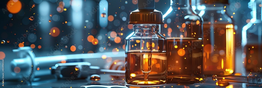 Poster close-up shot of glass bottles filled with serum and droplets on a laboratory table. generative ai