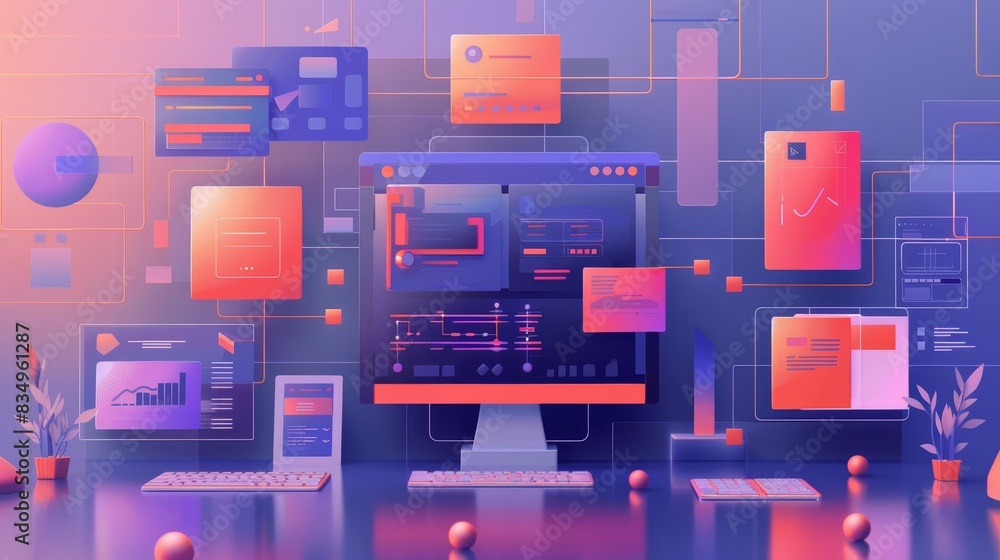 Poster futuristic computer interface with graphs, charts, and data visuals. modern technology concept art f