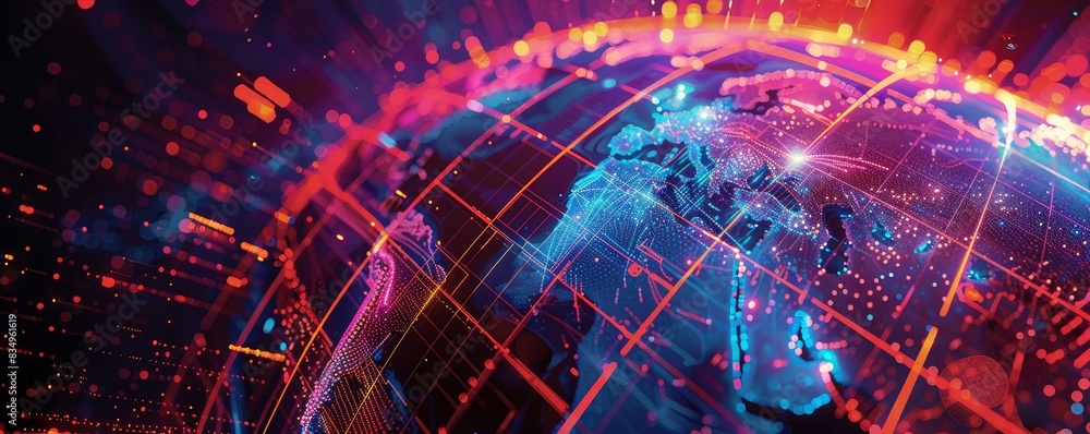 Poster futuristic digital global communication network, abstract technology data transfer concept with glow