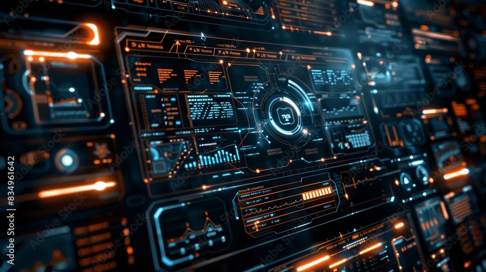 Poster futuristic digital interface with holographic elements, high-tech control panel with data visualizat