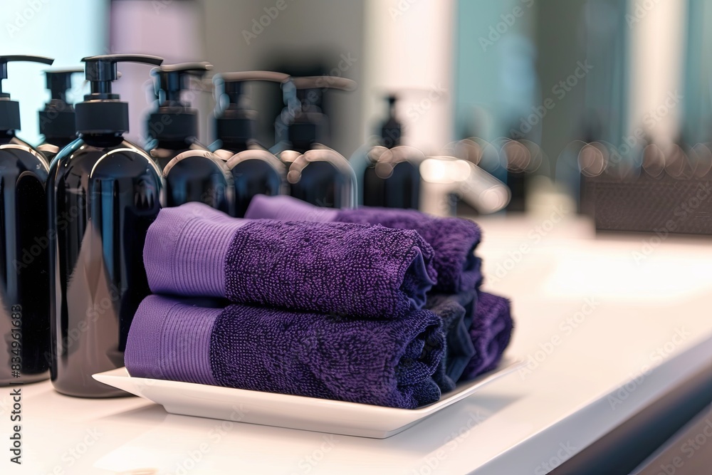 Poster close-up of shampoo bottles and rolled towels in a stylish bathroom setting. generative ai