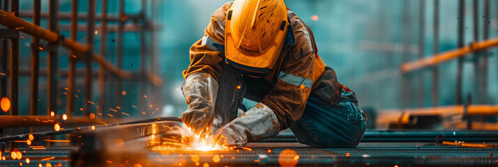 Closeup welder construction worker welding steel reinforcement bars building infrastructure engineering work site oh&s safety orange protective gear helmet gloves mask laborhire recruitment labor job 