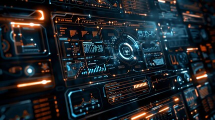 Fototapeta premium Futuristic digital interface with holographic elements, high-tech control panel with data visualizations, cyber technology concept.