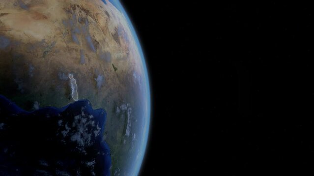 Fly Zoom into Togo, Lom&eacute;, through space to see the country map region from above from space. Detailed map Showing area, HD and 4K. Animation.