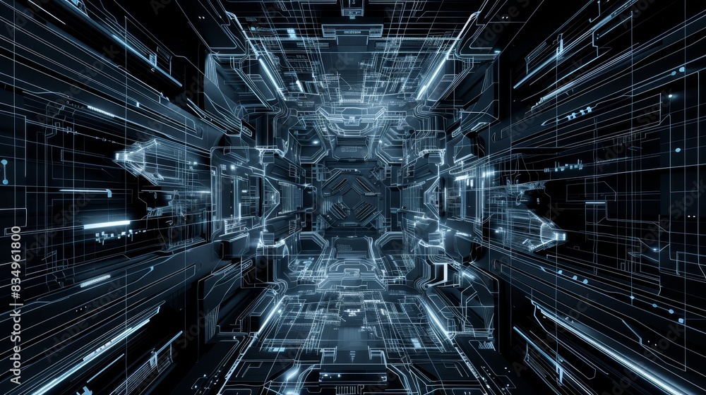 Poster futuristic digital technology background with abstract geometric patterns and light effects in dark 