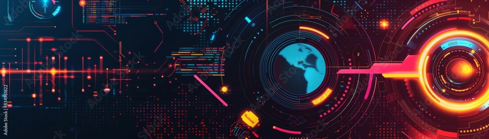 Poster futuristic digital world map interface with glowing elements and abstract tech design, perfect for t