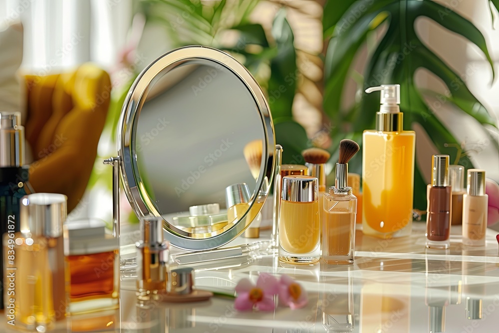 Poster a vanity tabletop with a mirror surrounded by various cosmetic products, creating an elegant and org