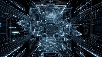Futuristic digital technology background with abstract geometric patterns and light effects in dark blue tones.