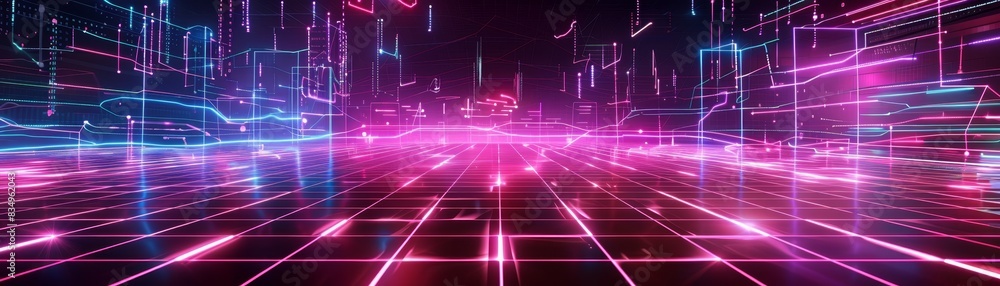 Poster futuristic neon cityscape with glowing lights and grid patterns, representing digital technology and
