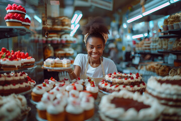 Young African American female baker in a spotless apron, joyfully decorating cakes in a bright bakery