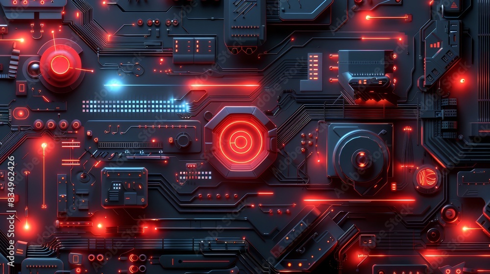 Poster high-tech circuit board with glowing red elements, symbolizing advanced technology and futuristic el