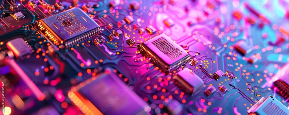 Poster macro shot of a colorful circuit board with various electronic components illuminated by vibrant pin