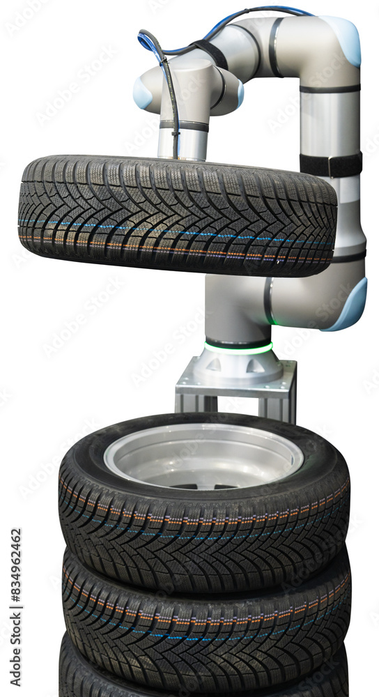 Aufkleber isolated robot arm works in a car service.