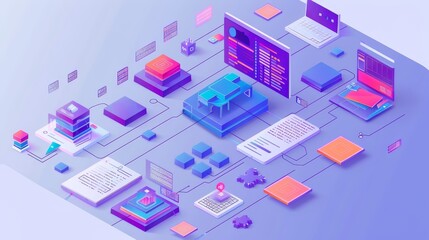 Fototapeta premium Isometric illustration of cloud computing, data processing, and digital technology interconnected with various devices and platforms.