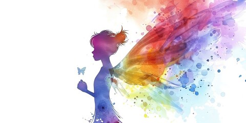 Obraz premium Female Fairy Silhouette, watercolor style, on white background,