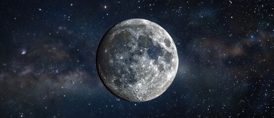 3d render of full moon on dark starry sky background.