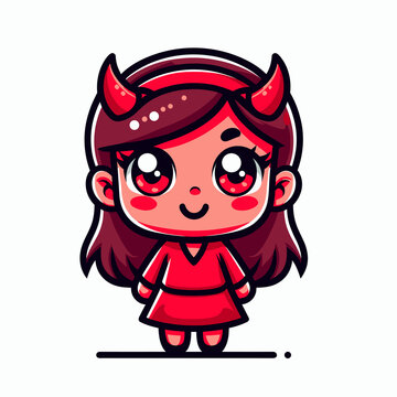 Friendly little devil girl on white background, cartoon style, icon, flat colors